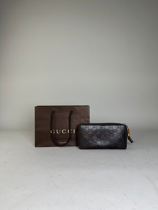 Vintage Gucci GG Embossed Leather Zip Wallet Dark Brown Gold