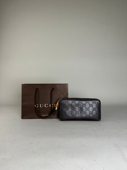 Vintage Gucci GG Embossed Leather Zip Wallet Dark Brown Gold