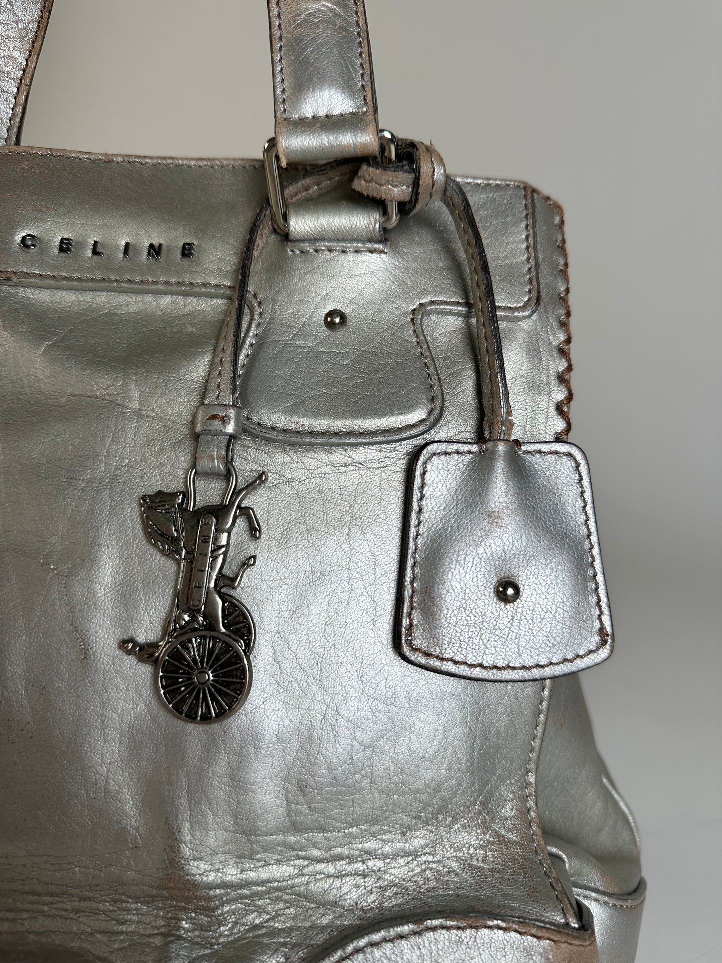 Vintage Celine Metallic Leather Tote Silver