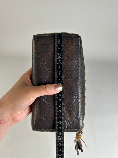 Vintage Gucci GG Embossed Leather Zip Wallet Dark Brown Gold