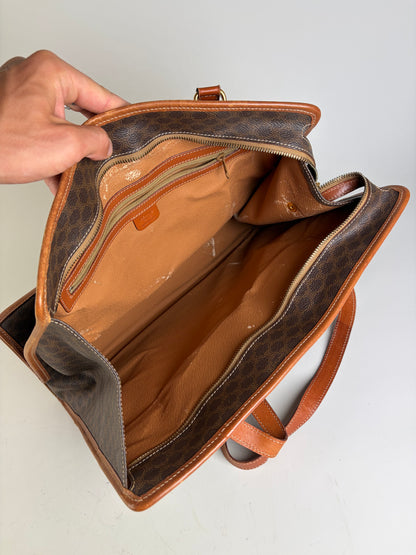 Vintage Celine Macadam Canvas Tote Brown Tan Gold