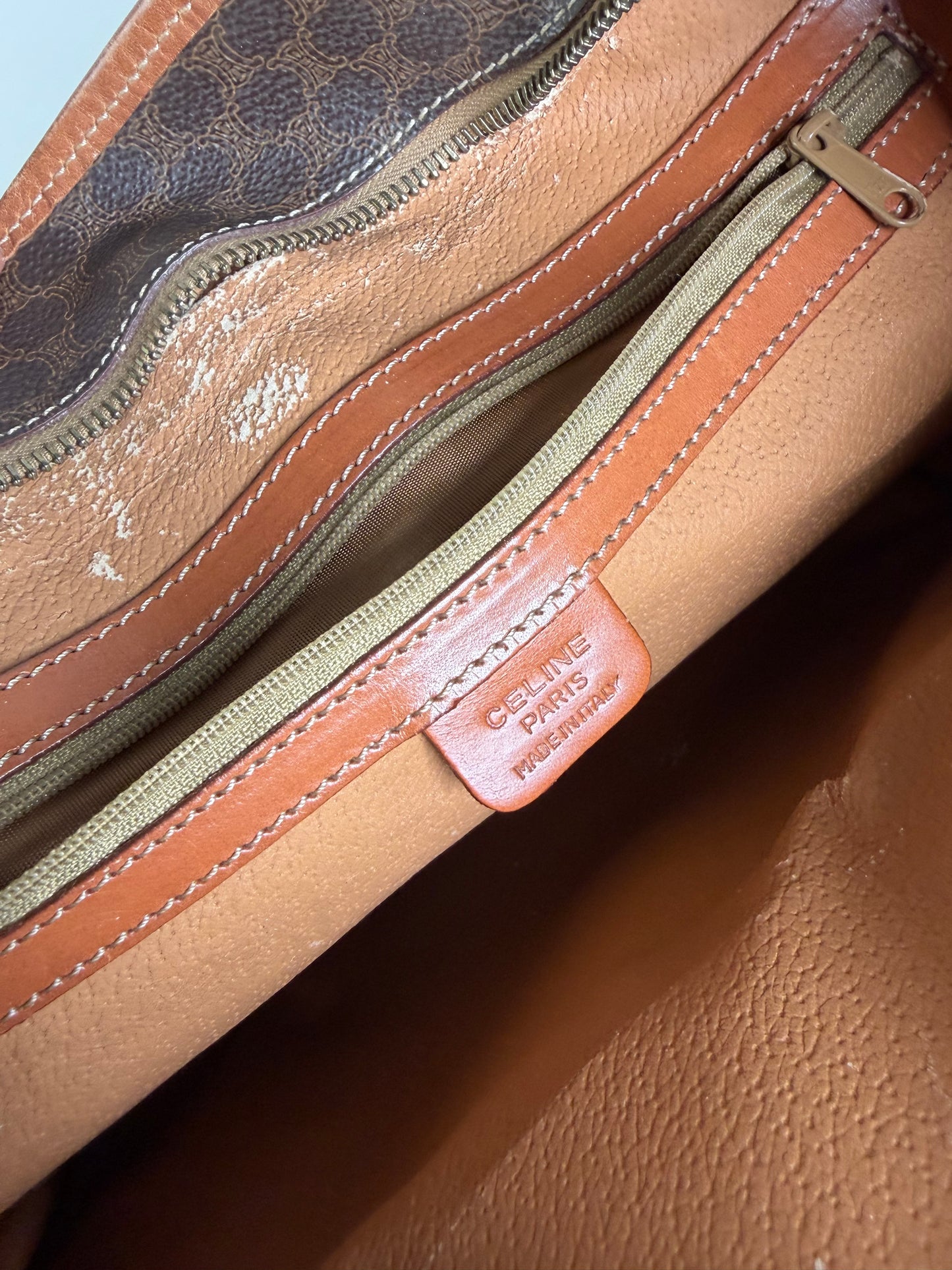Vintage Celine Macadam Canvas Tote Brown Tan Gold