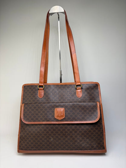 Vintage Celine Macadam Canvas Tote Brown Tan Gold