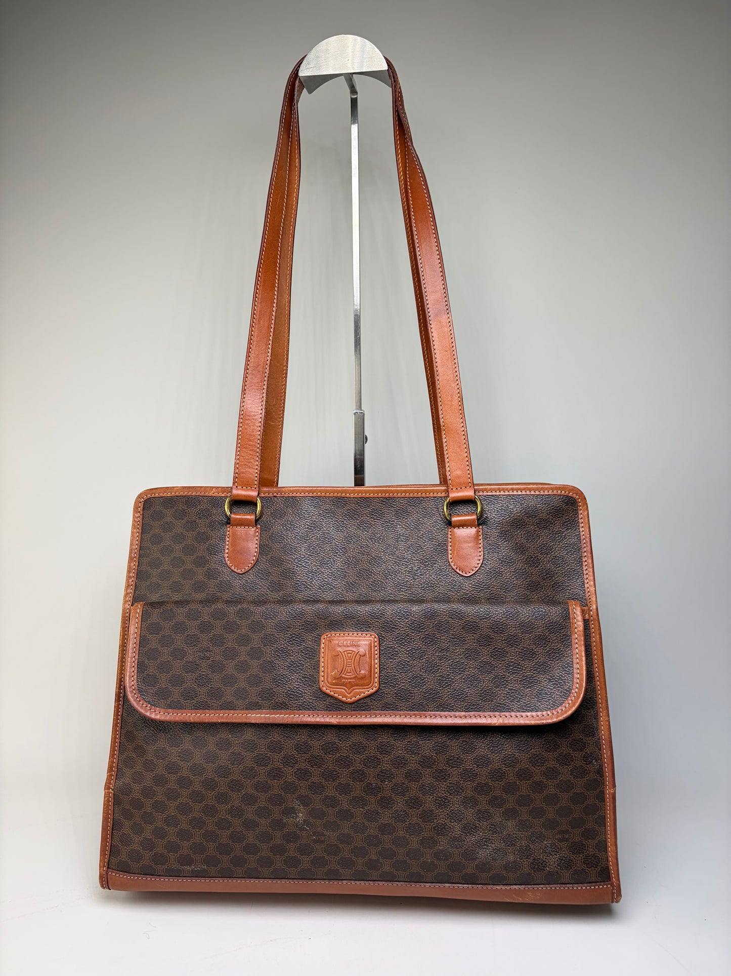 Vintage Celine Macadam Canvas Tote Brown Tan Gold