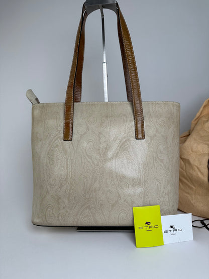 Vintage Etro Paisley Canvas Tote Bag Cream