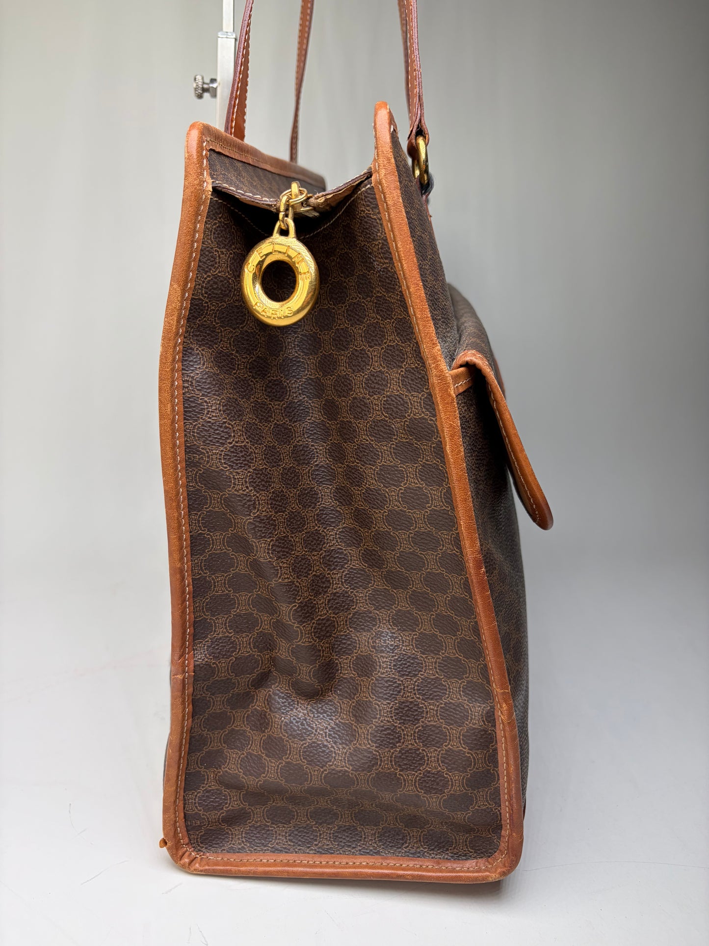 Vintage Celine Macadam Canvas Tote Brown Tan Gold
