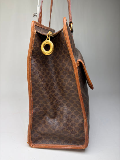 Vintage Celine Macadam Canvas Tote Brown Tan Gold