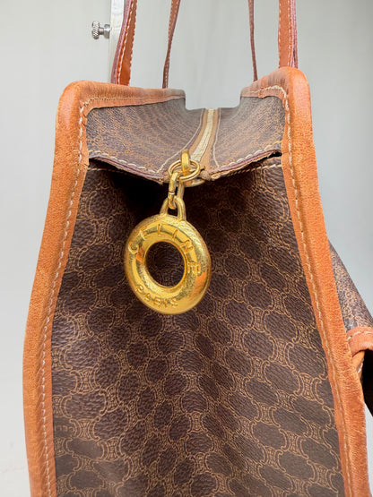 Vintage Celine Macadam Canvas Tote Brown Tan Gold