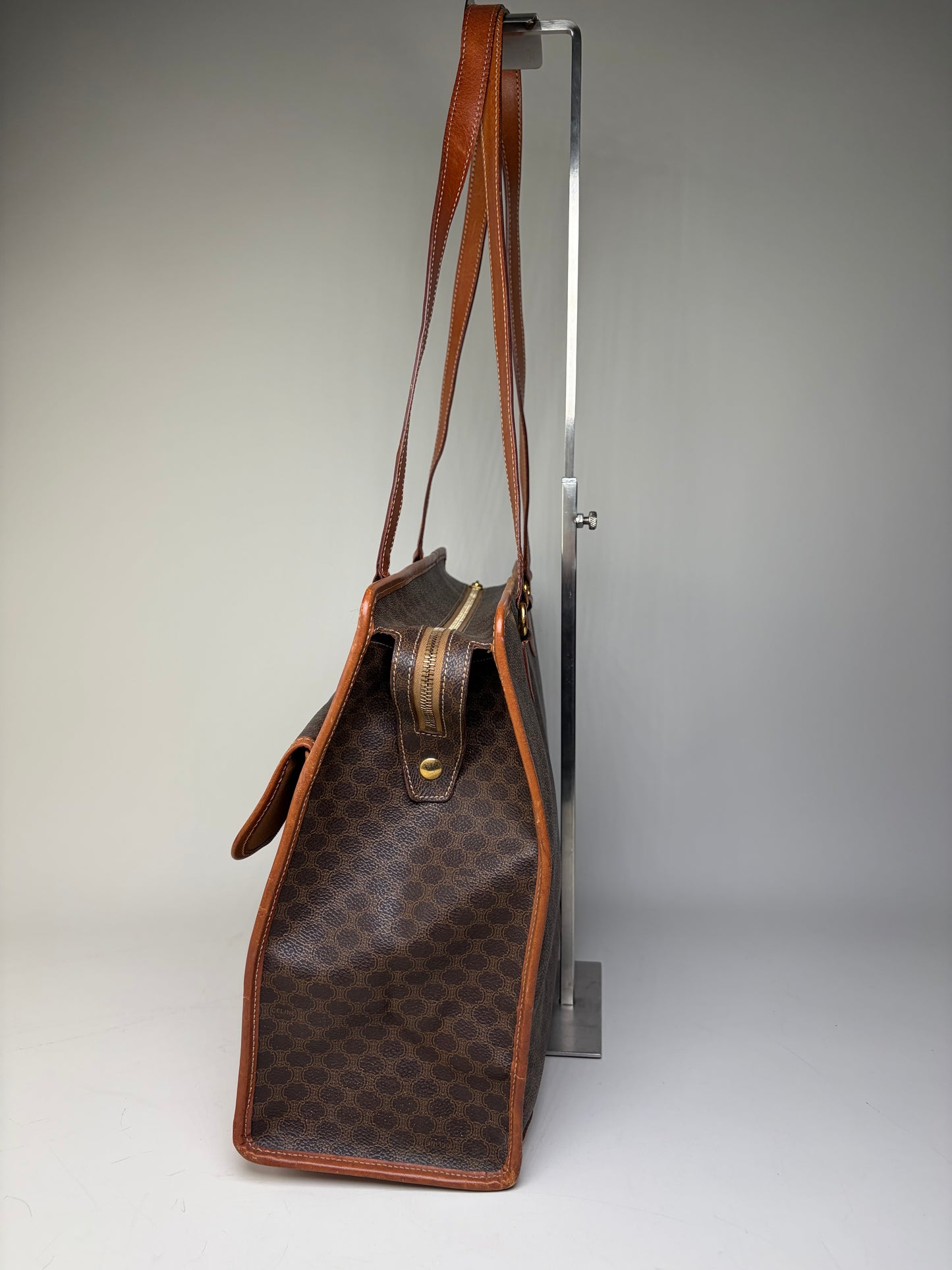 Vintage Celine Macadam Canvas Tote Brown Tan Gold