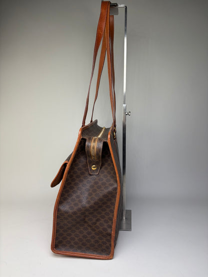 Vintage Celine Macadam Canvas Tote Brown Tan Gold