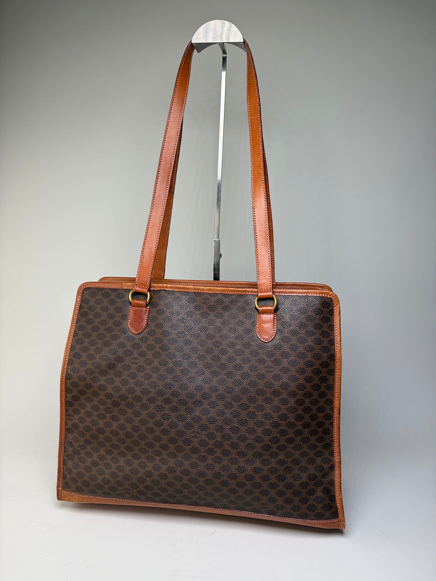Vintage Celine Macadam Canvas Tote Brown Tan Gold