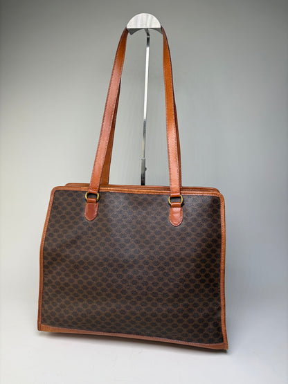 Vintage Celine Macadam Canvas Tote Brown Tan Gold