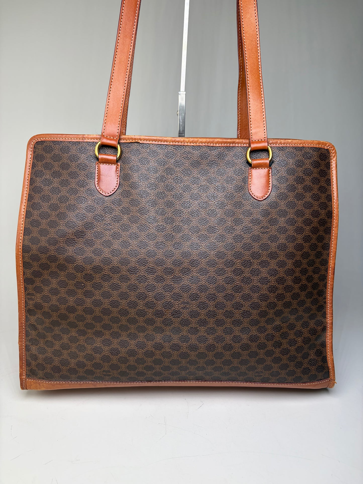 Vintage Celine Macadam Canvas Tote Brown Tan Gold