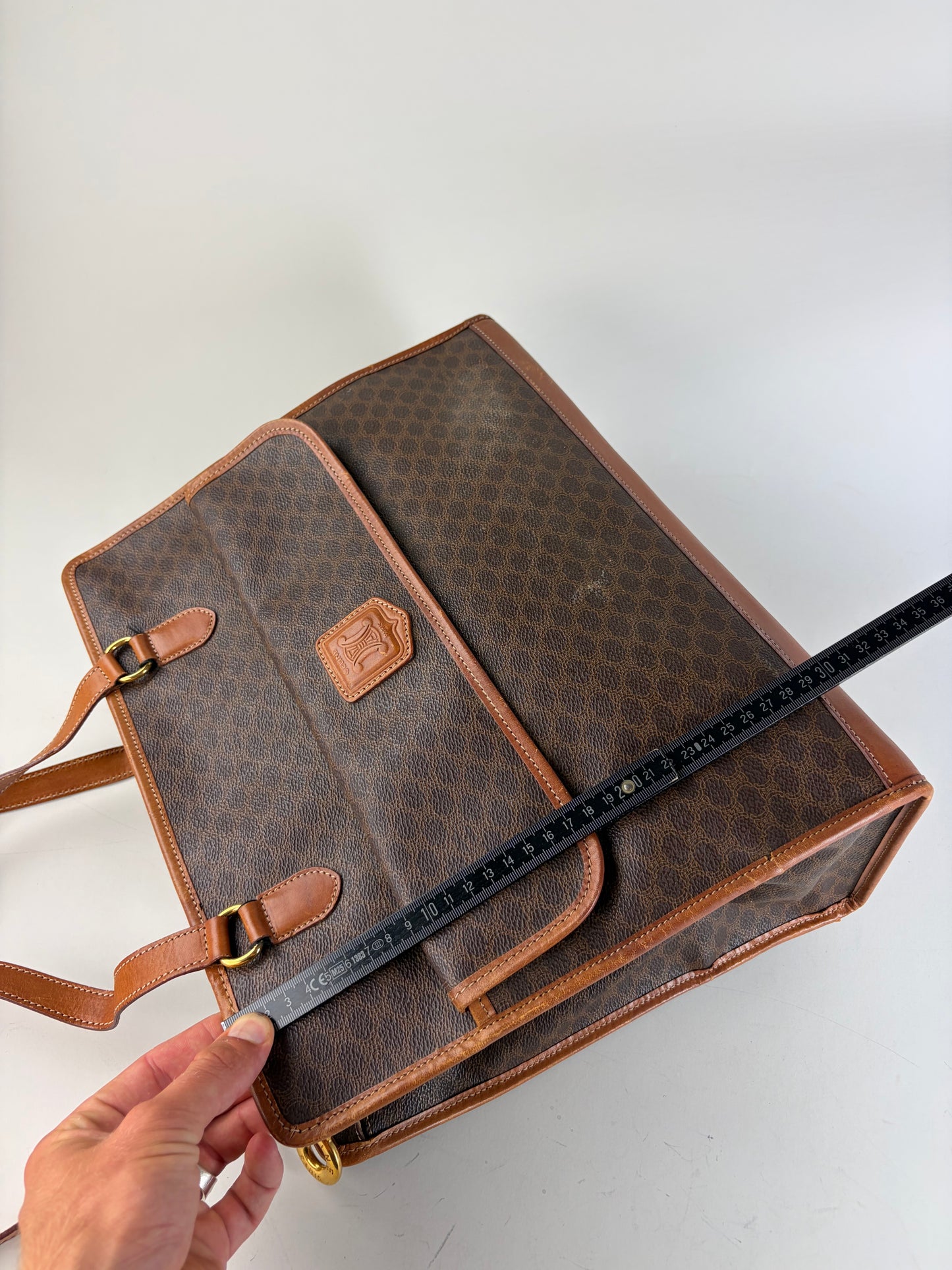 Vintage Celine Macadam Canvas Tote Brown Tan Gold