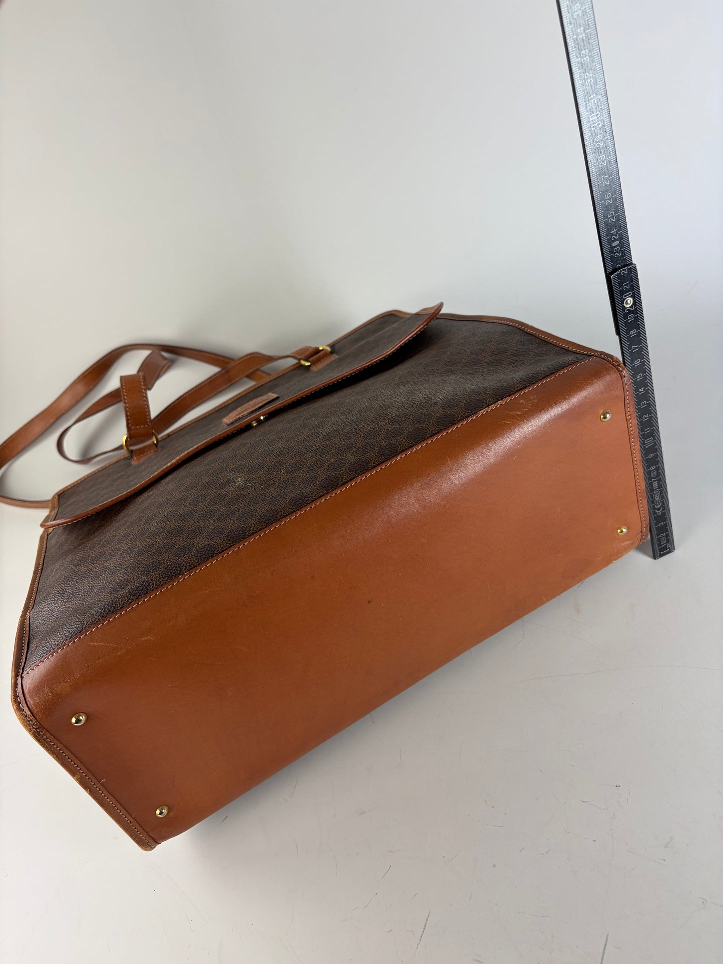 Vintage Celine Macadam Canvas Tote Brown Tan Gold