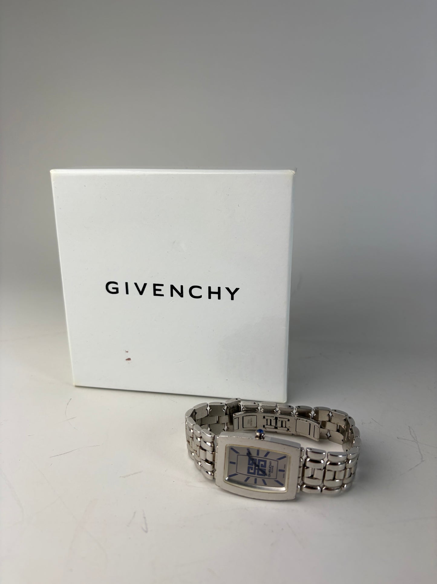 Vintage Givenchy Stainless Steel Bracelet Watch Blue Dial Silver