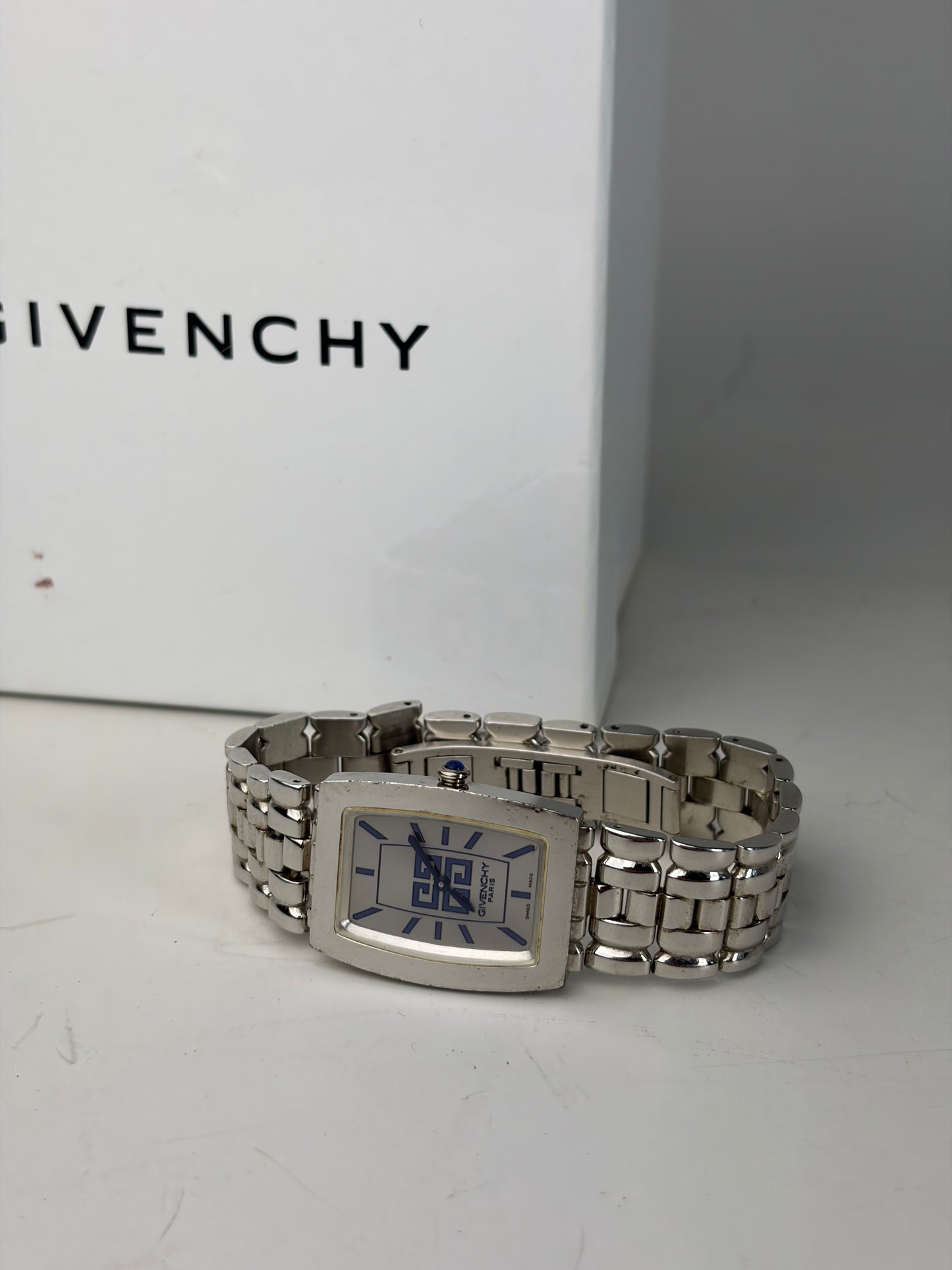 Vintage Givenchy Stainless Steel Bracelet Watch Blue Dial Silver