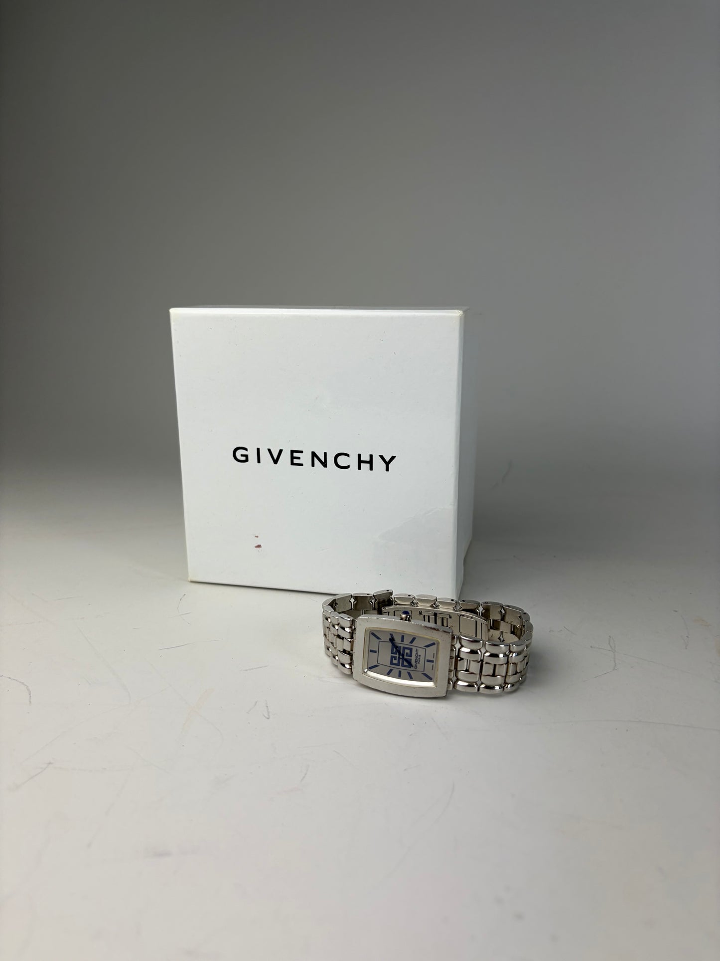 Vintage Givenchy Stainless Steel Bracelet Watch Blue Dial Silver