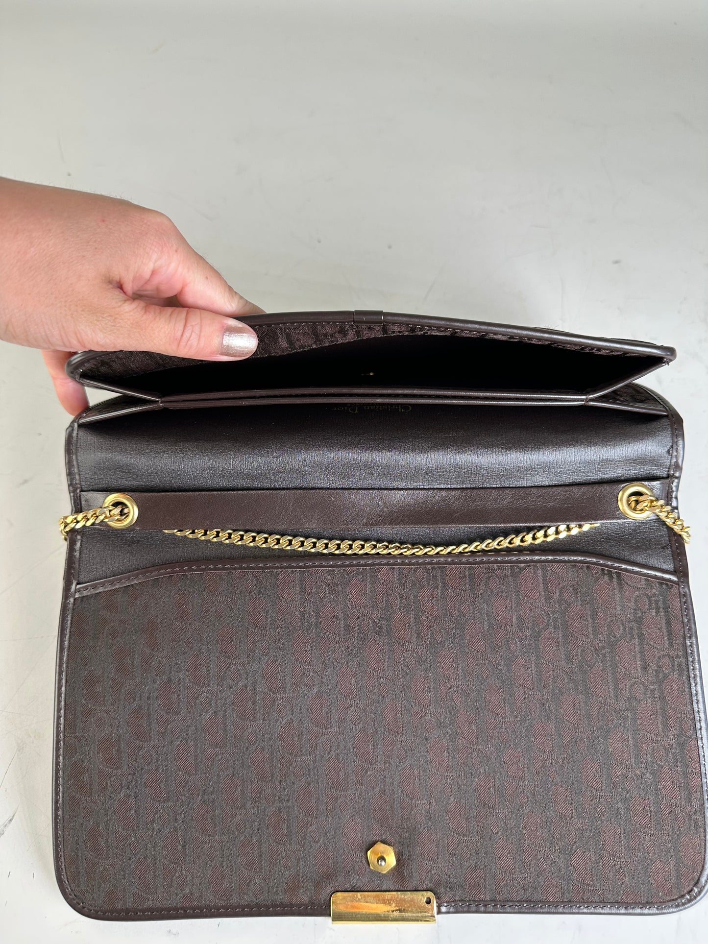 Vintage Dior Monogram Canvas Shoulder Bag Brown Gold
