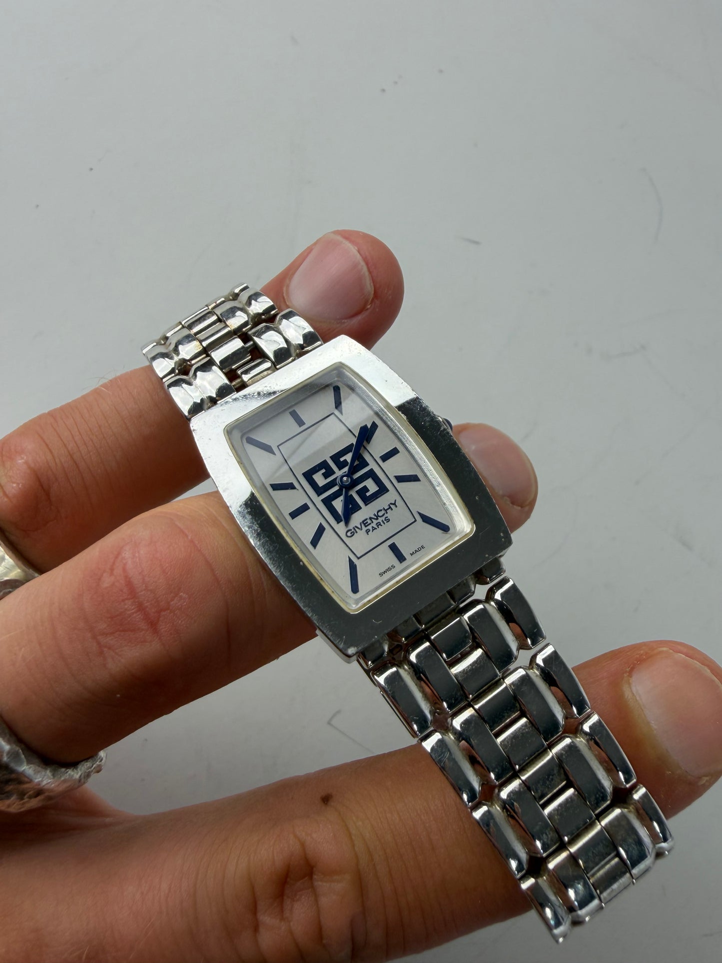 Vintage Givenchy Stainless Steel Bracelet Watch Blue Dial Silver