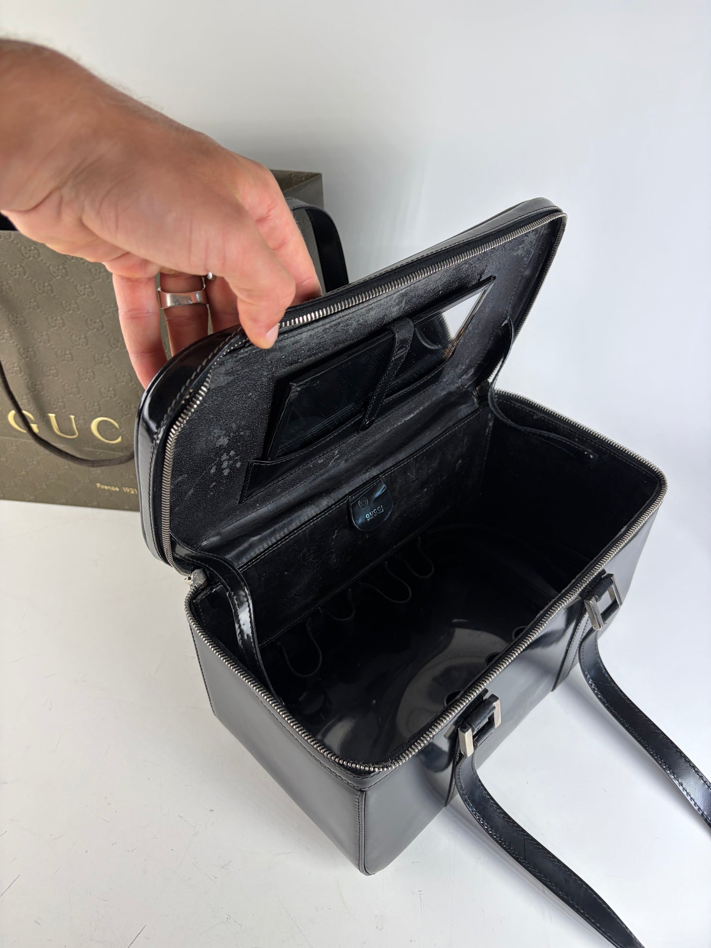 Vintage Gucci Patent Leather Tote Black Silver