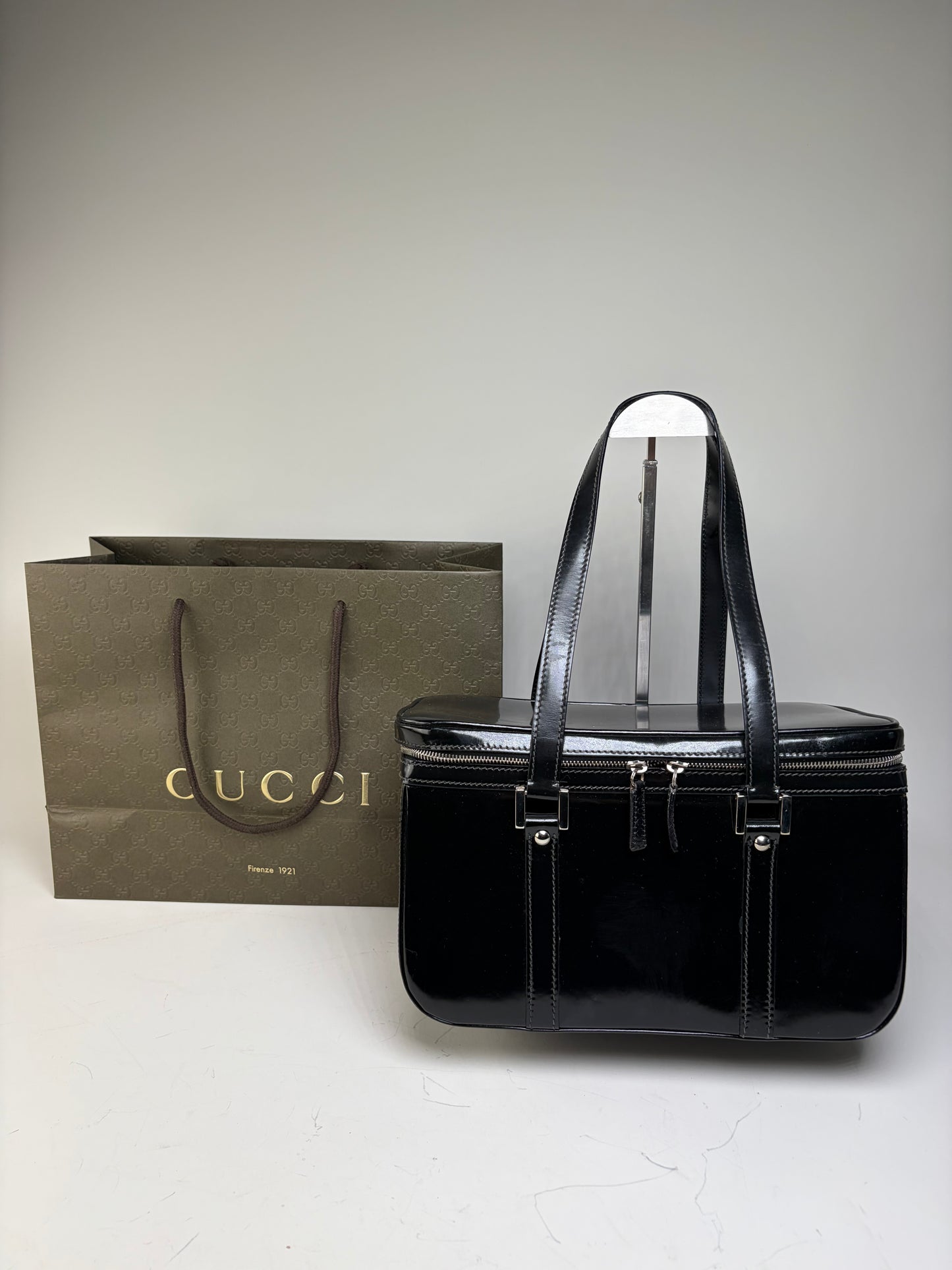 Vintage Gucci Patent Leather Tote Black Silver