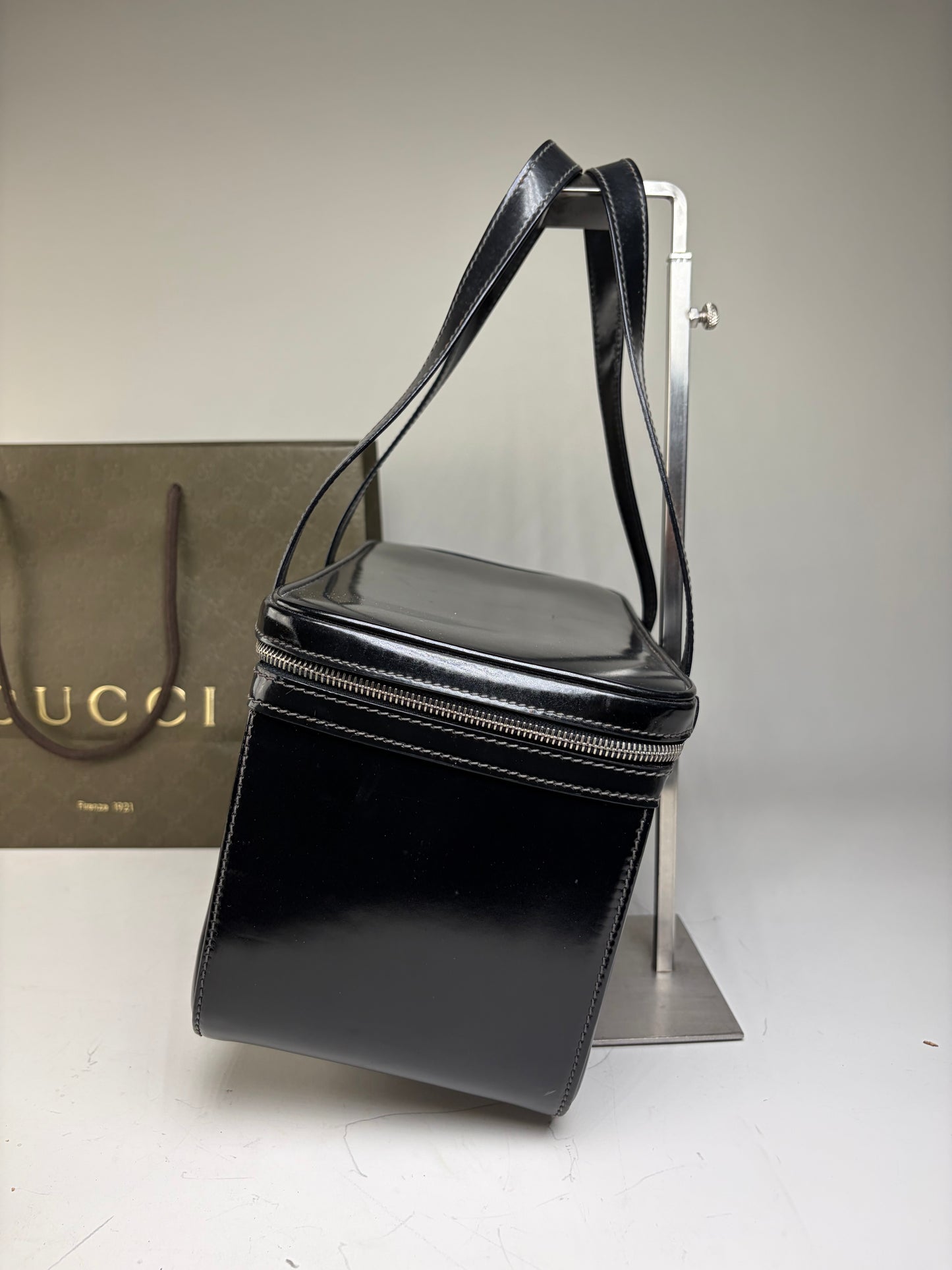 Vintage Gucci Patent Leather Tote Black Silver