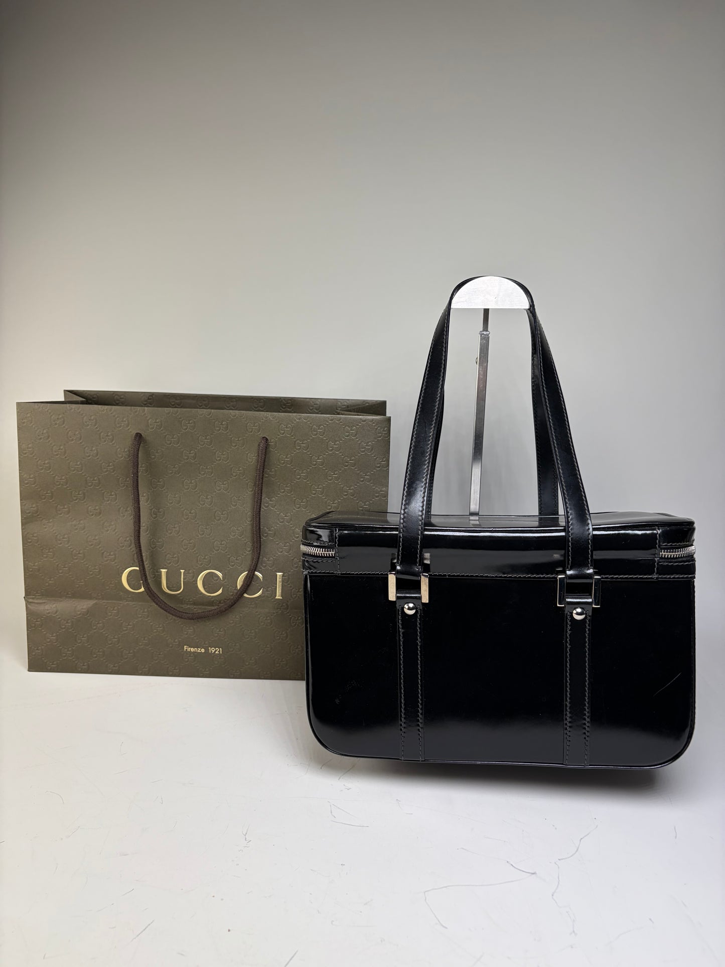 Vintage Gucci Patent Leather Tote Black Silver