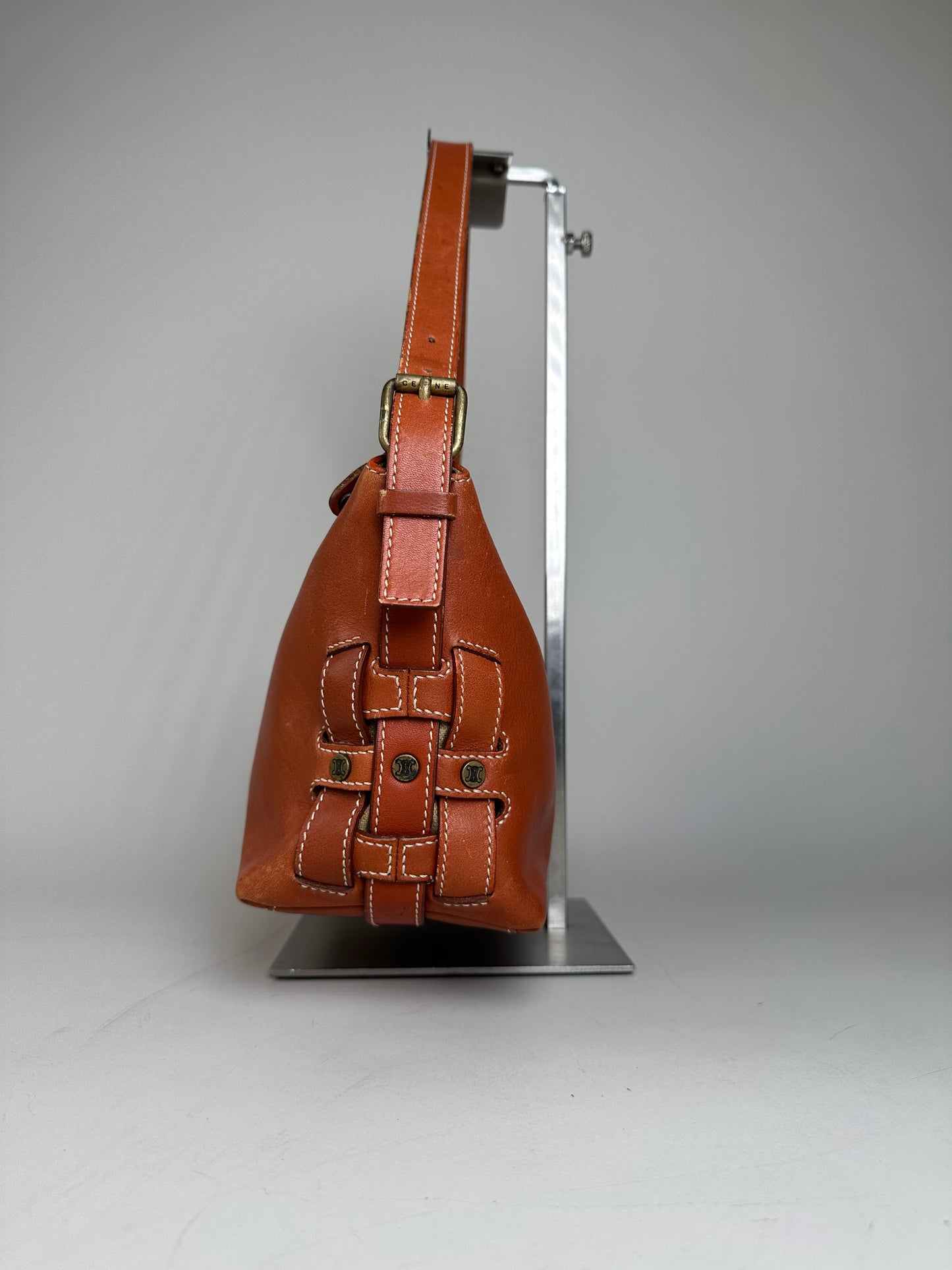Vintage Celine Grained Leather Shoulder Bag Orange Gold