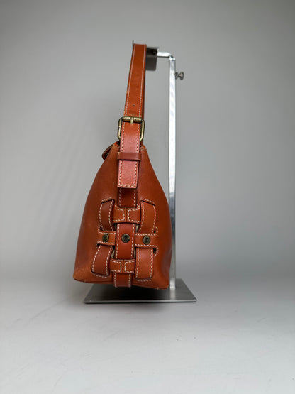 Vintage Celine Grained Leather Shoulder Bag Orange Gold