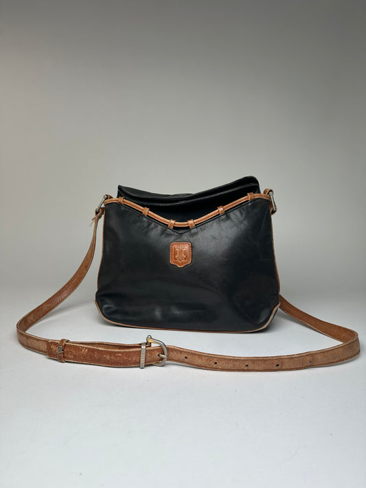 Vintage Celine Paris Leather Shoulder / Crossbody Bag Black Brown