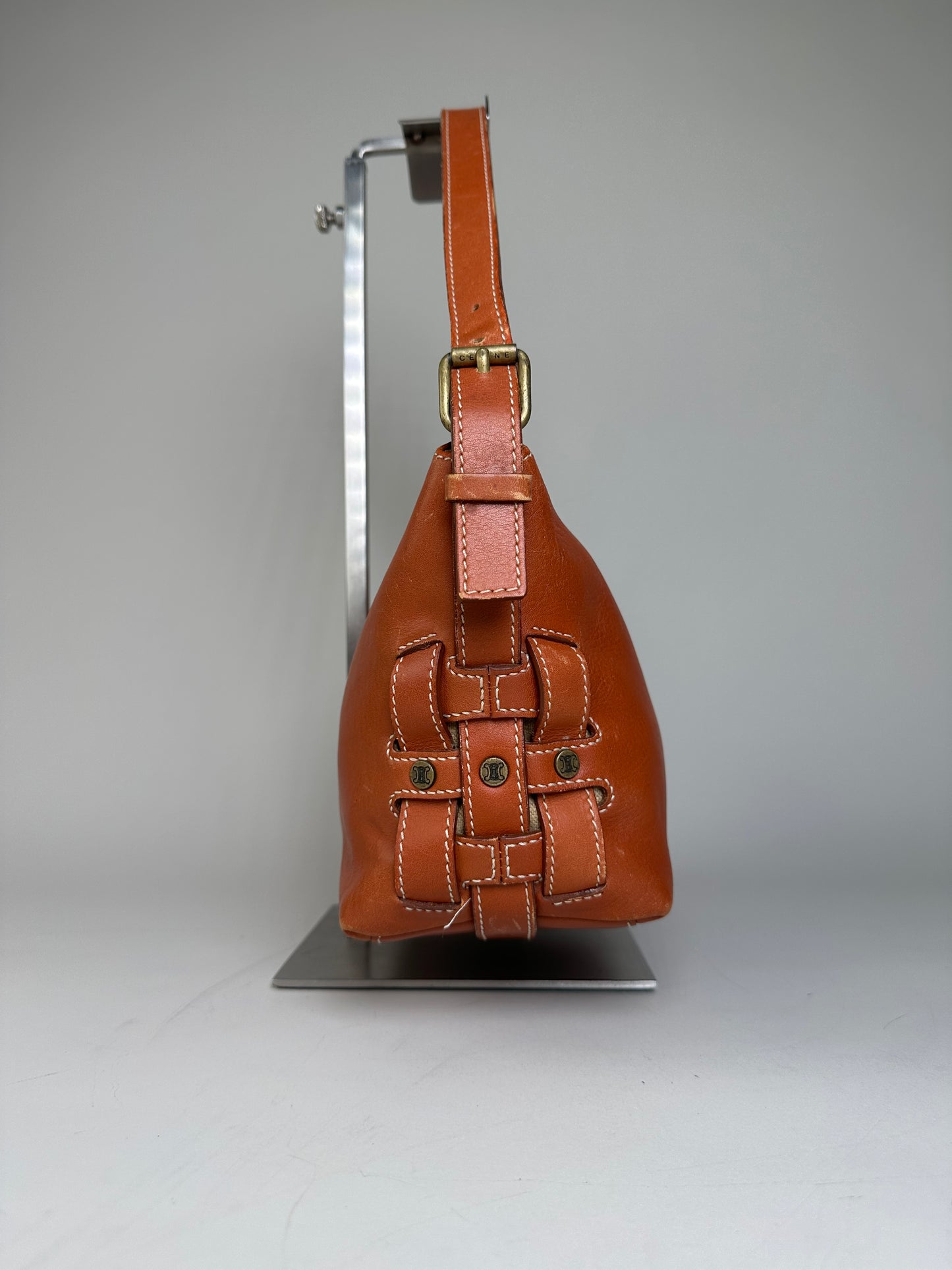 Vintage Celine Grained Leather Shoulder Bag Orange Gold