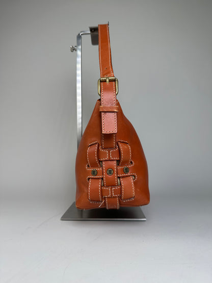 Vintage Celine Grained Leather Shoulder Bag Orange Gold