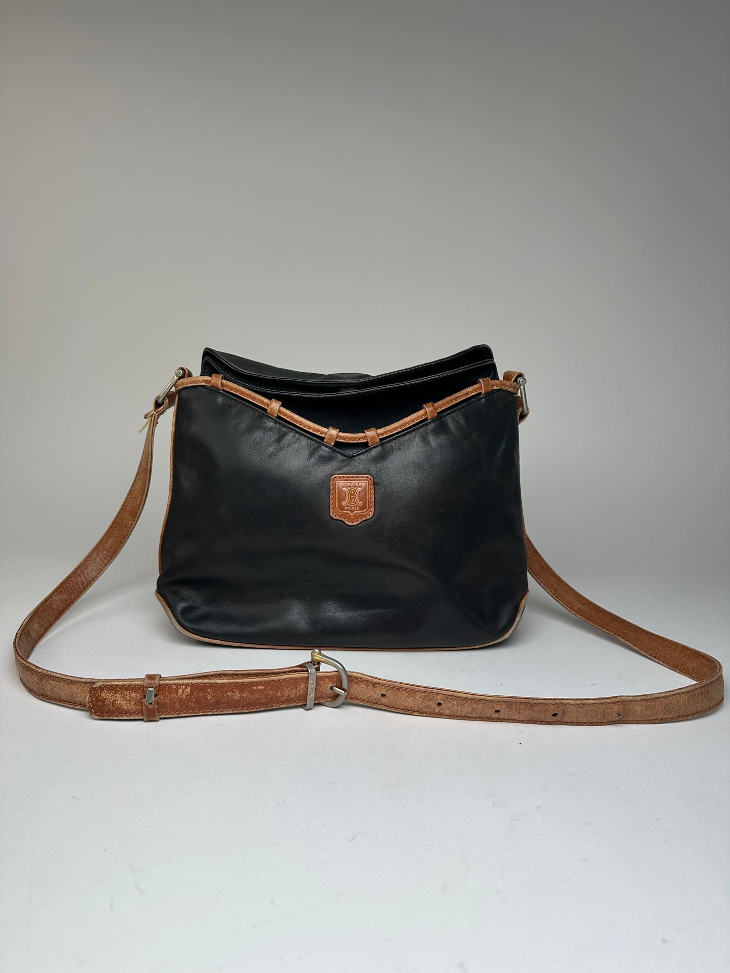 Vintage Celine Paris Leather Shoulder / Crossbody Bag Black Brown