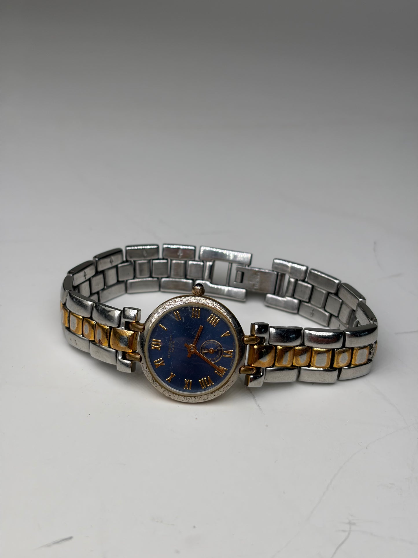 Vintage Givenchy Stainless Steel Bracelet Watch Blue Gold