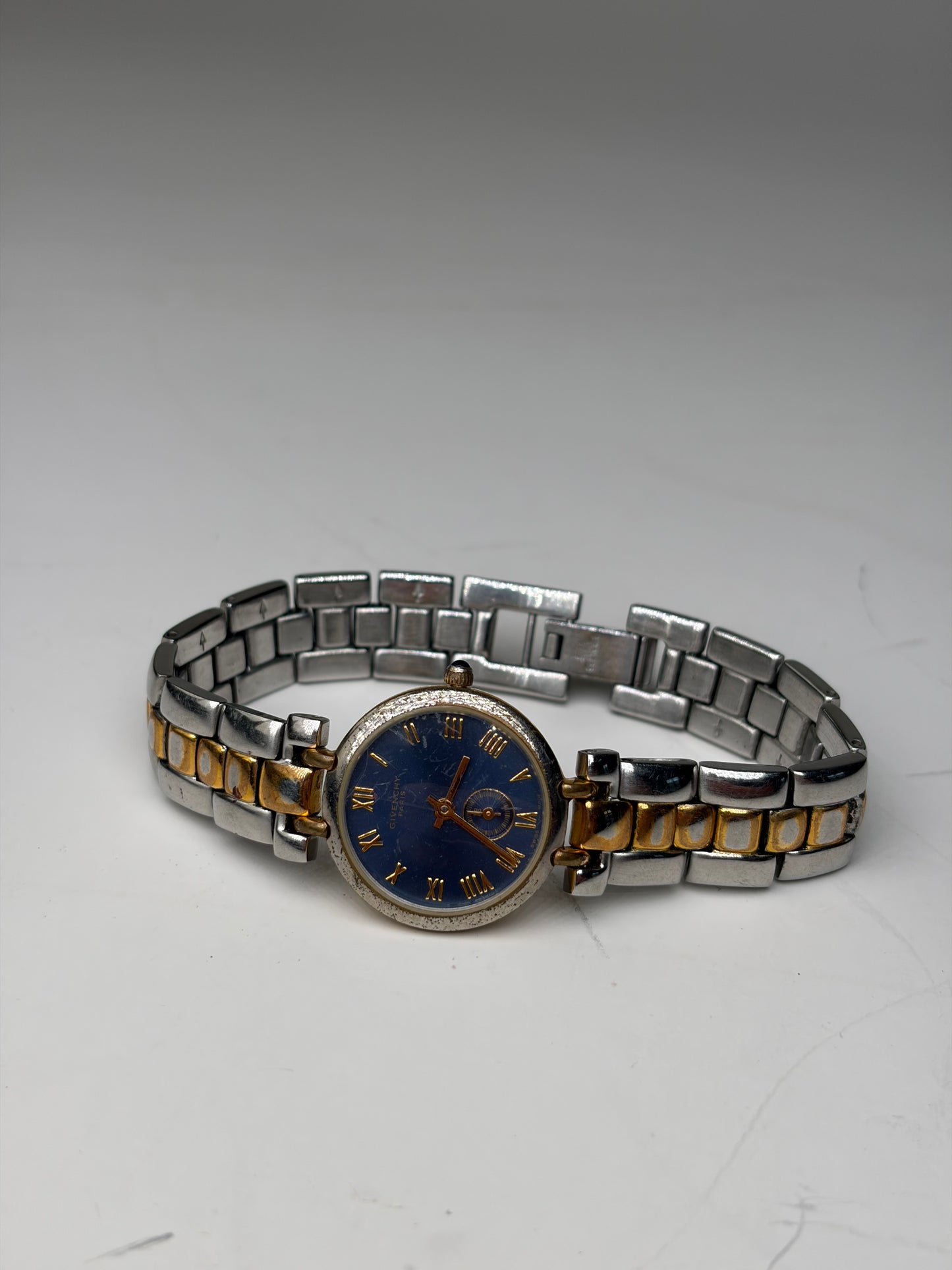 Vintage Givenchy Stainless Steel Bracelet Watch Blue Gold