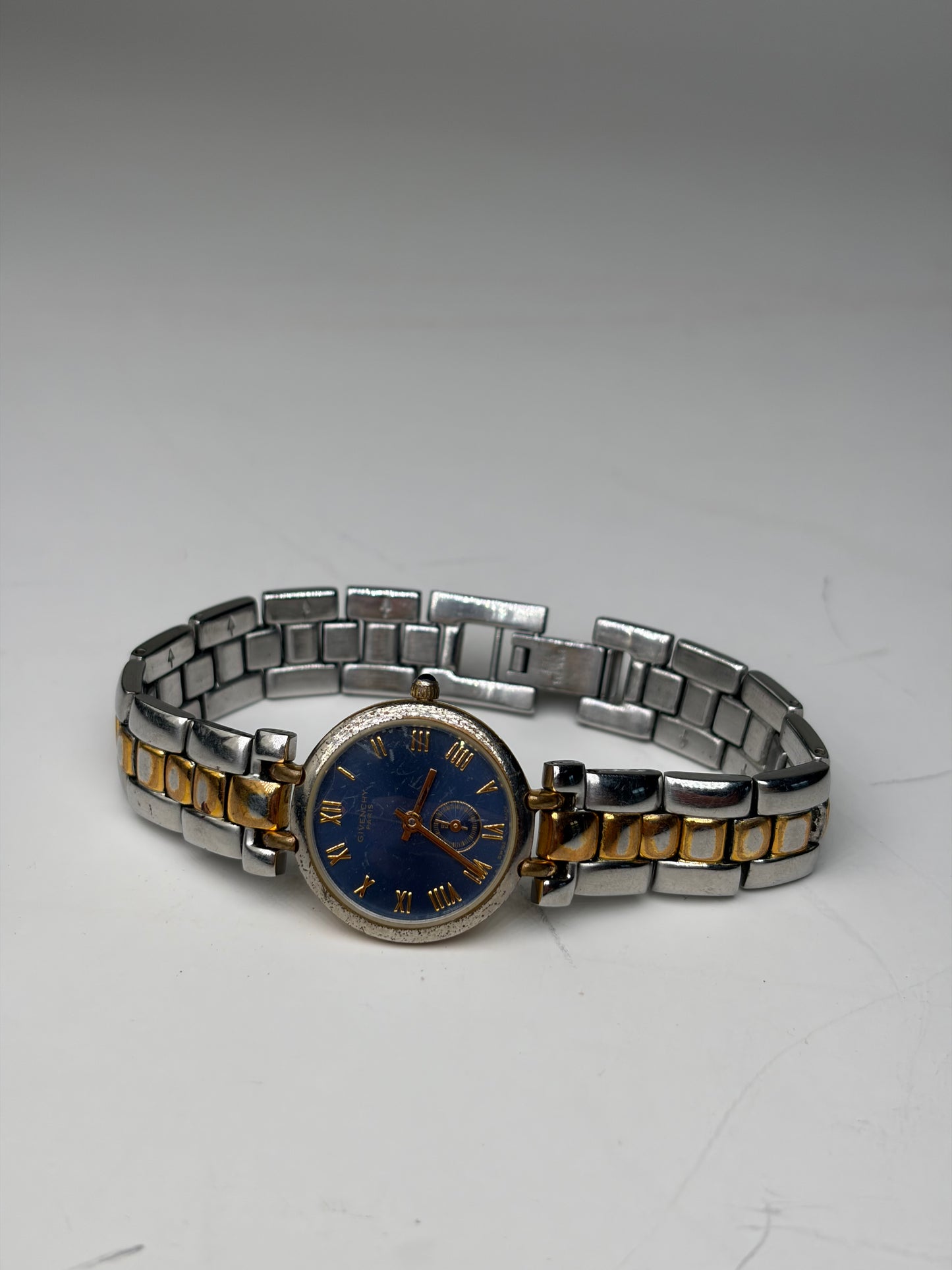 Vintage Givenchy Stainless Steel Bracelet Watch Blue Gold