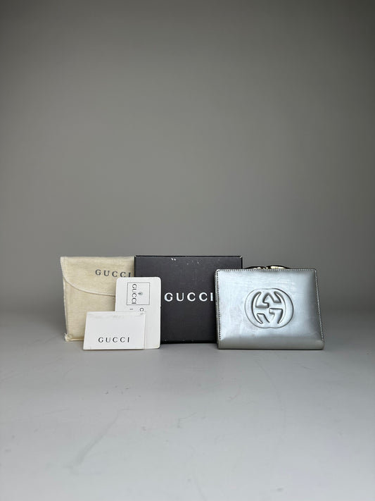 Vintage Gucci Leather Wallet Silver Gold-Tone Hardware