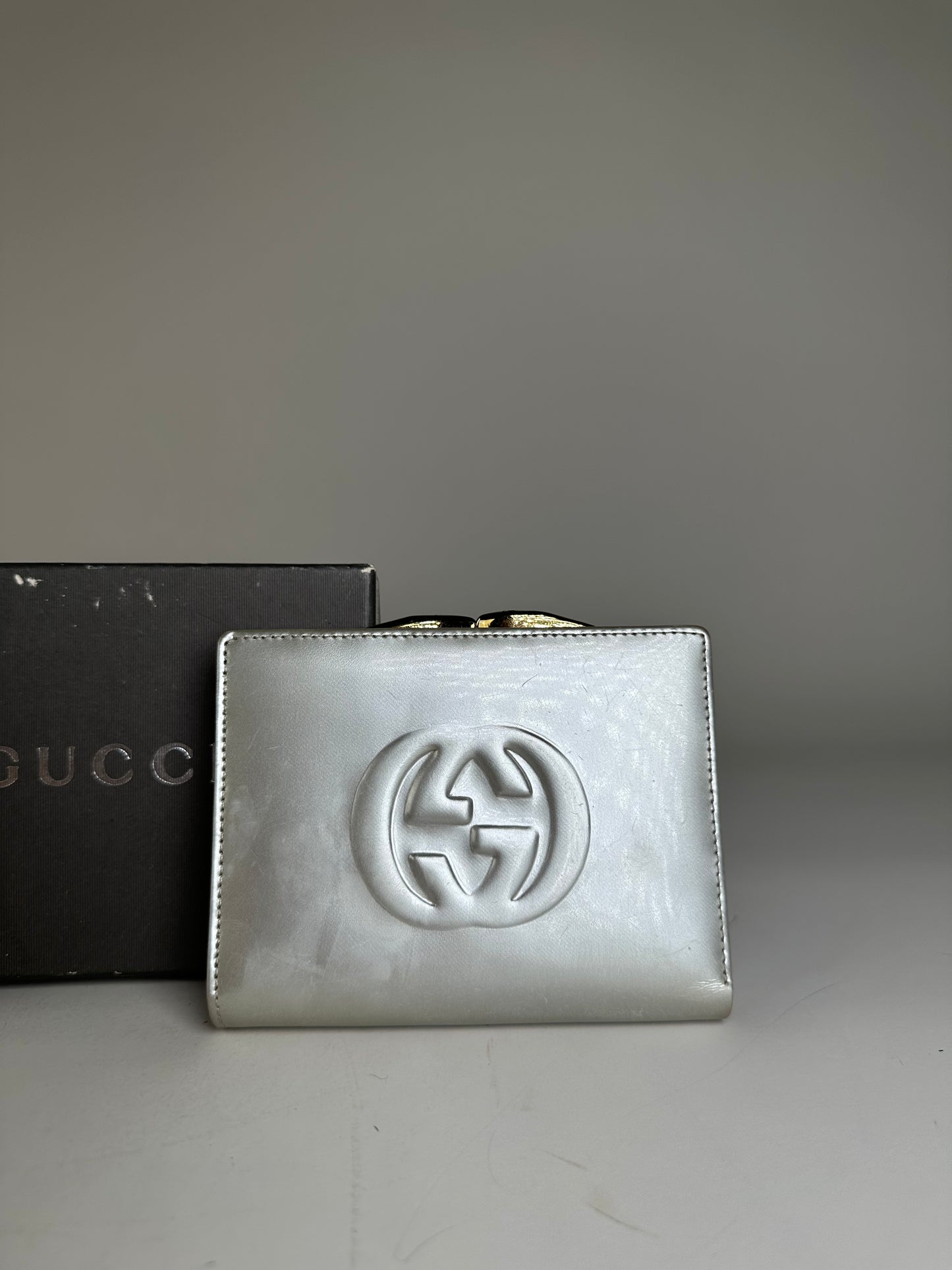 Vintage Gucci Leather Wallet Silver Gold-Tone Hardware