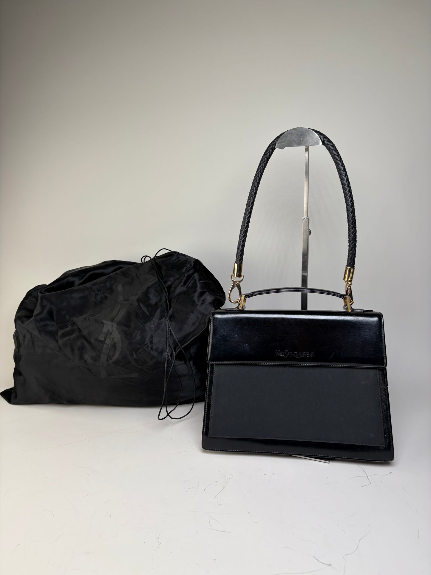 Vintage Yves Saint Laurent Leather Handbag Black Gold
