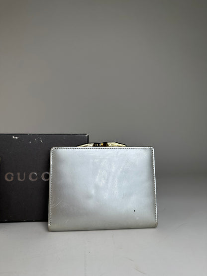 Vintage Gucci Leather Wallet Silver Gold-Tone Hardware