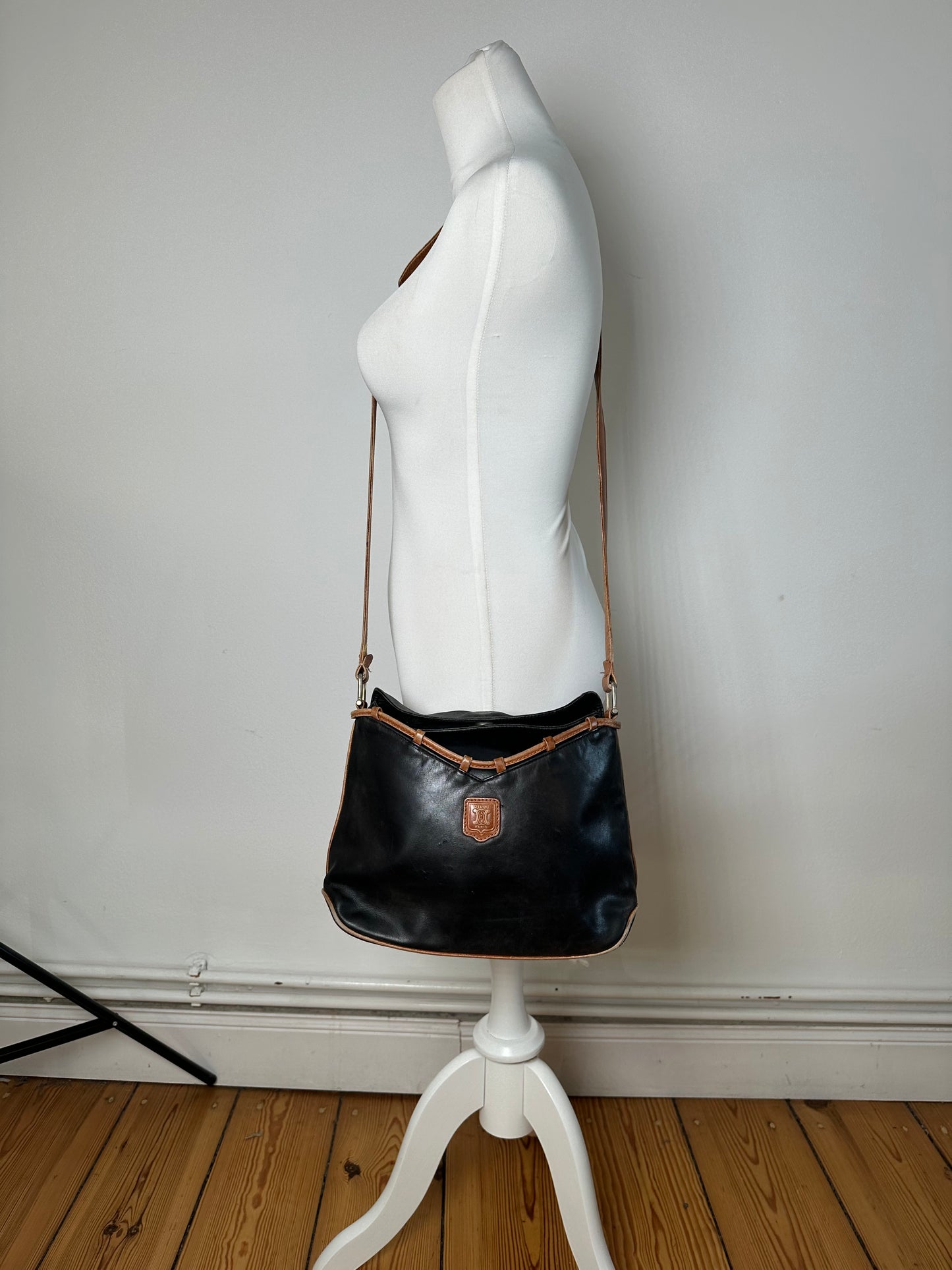 Vintage Celine Paris Leather Shoulder / Crossbody Bag Black Brown