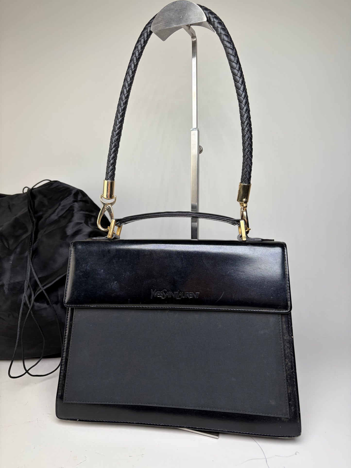 Vintage Yves Saint Laurent Leather Handbag Black Gold