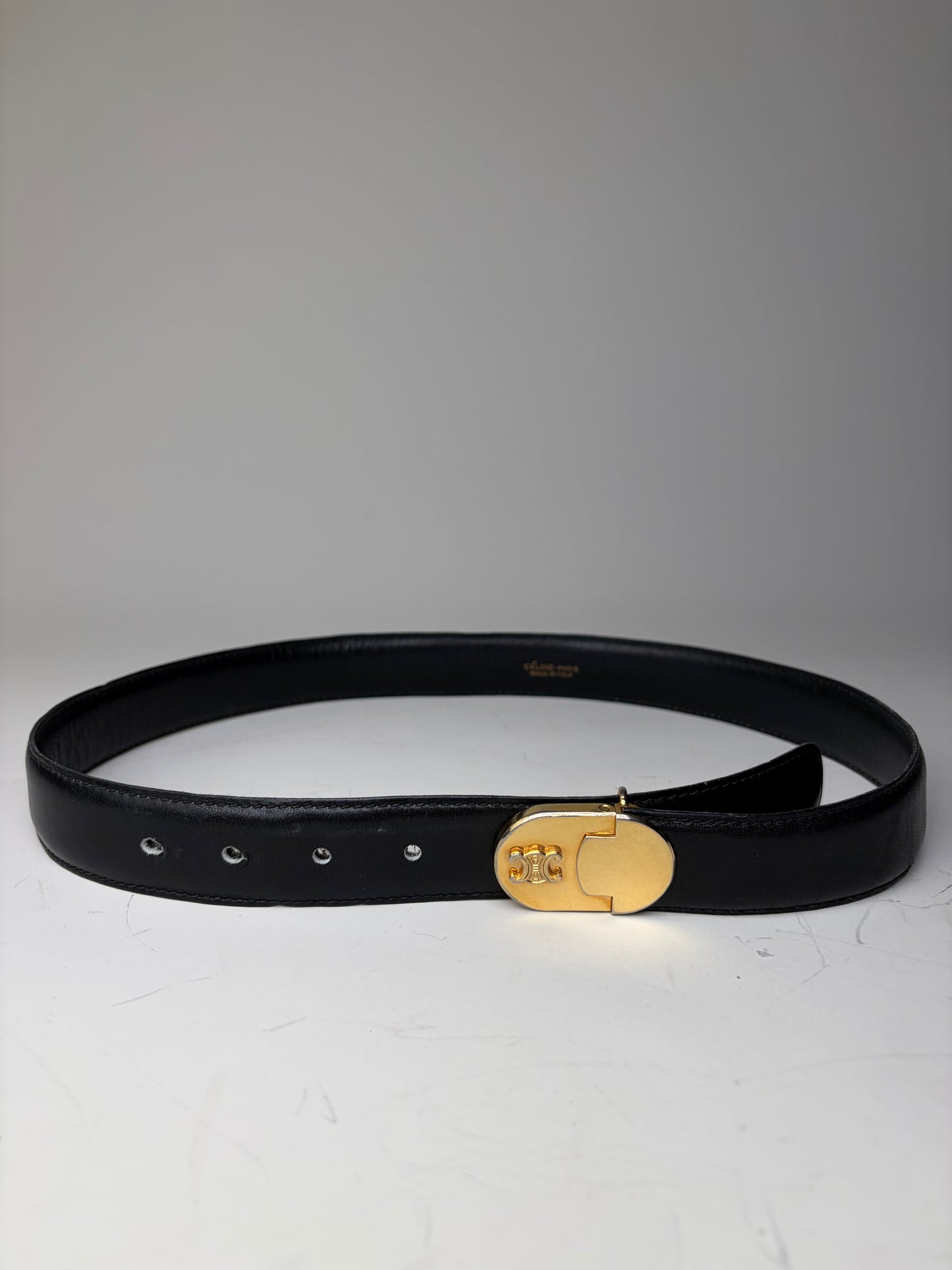 Vintage Celine Leather Belt Black Gold Buckle