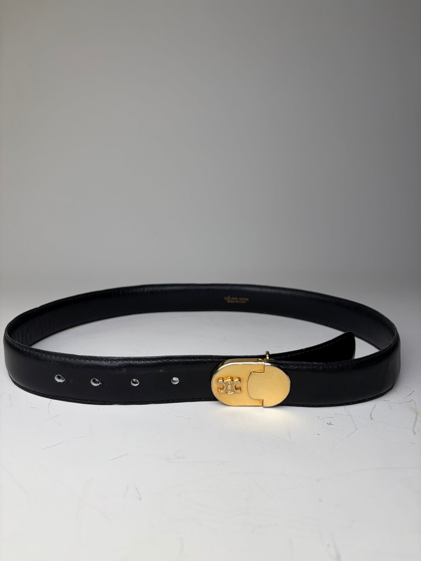 Vintage Celine Leather Belt Black Gold Buckle