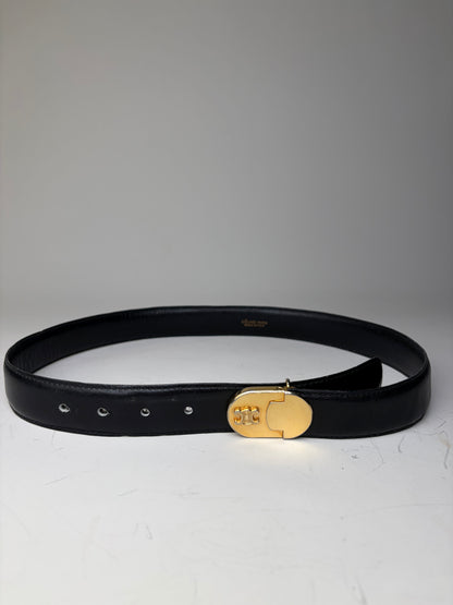 Vintage Celine Leather Belt Black Gold Buckle