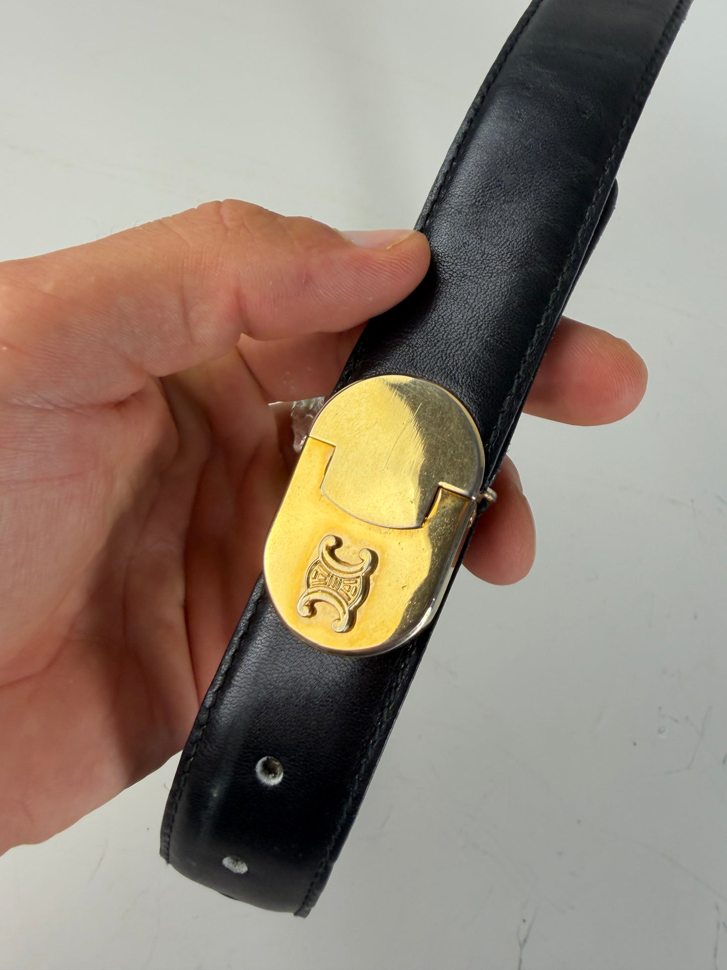 Vintage Celine Leather Belt Black Gold Buckle