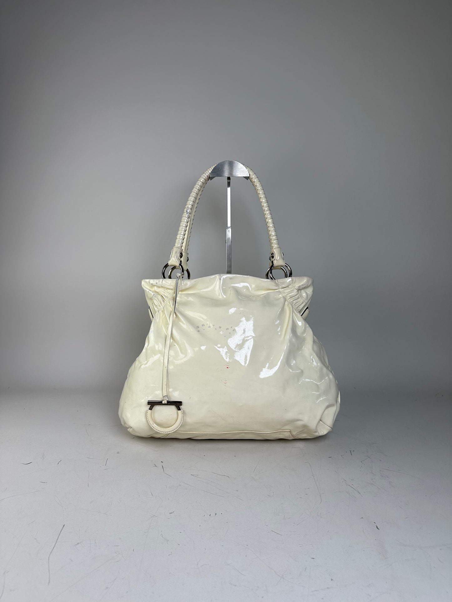 Vintage Ferragamo Patent Leather Handbag Cream Silver