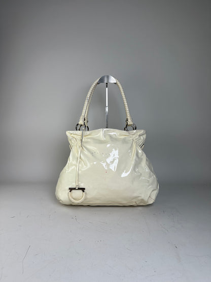 Vintage Ferragamo Patent Leather Handbag Cream Silver