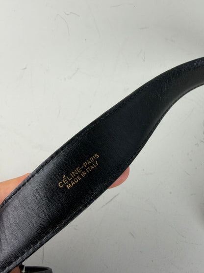 Vintage Celine Leather Belt Black Gold Buckle